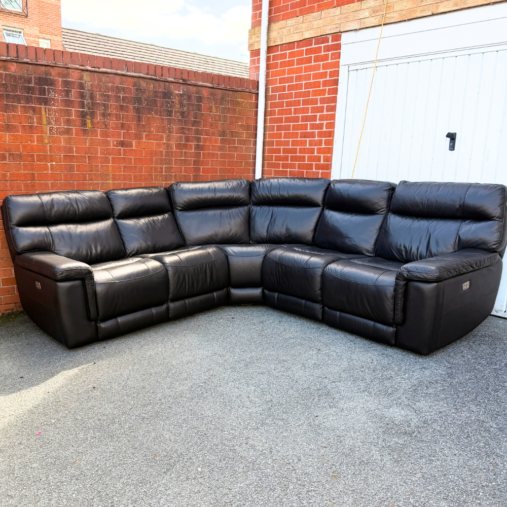 Dfs Electric Recliner & Headrests Corner Sofa - Genuine Dark Brown Leather