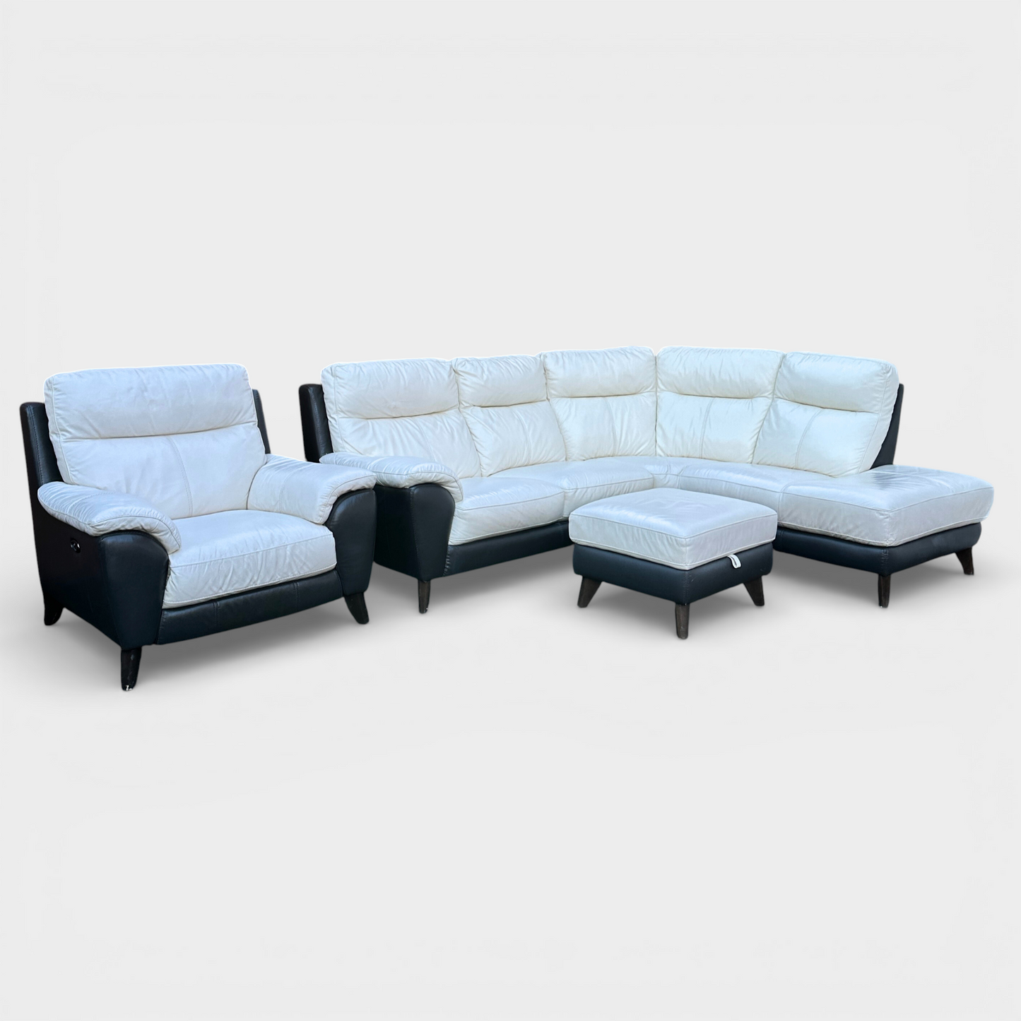DFS Corner Sofa + Electric Recliner Armchair & Footstool - Genuine White Buttermilk/Brown Leather