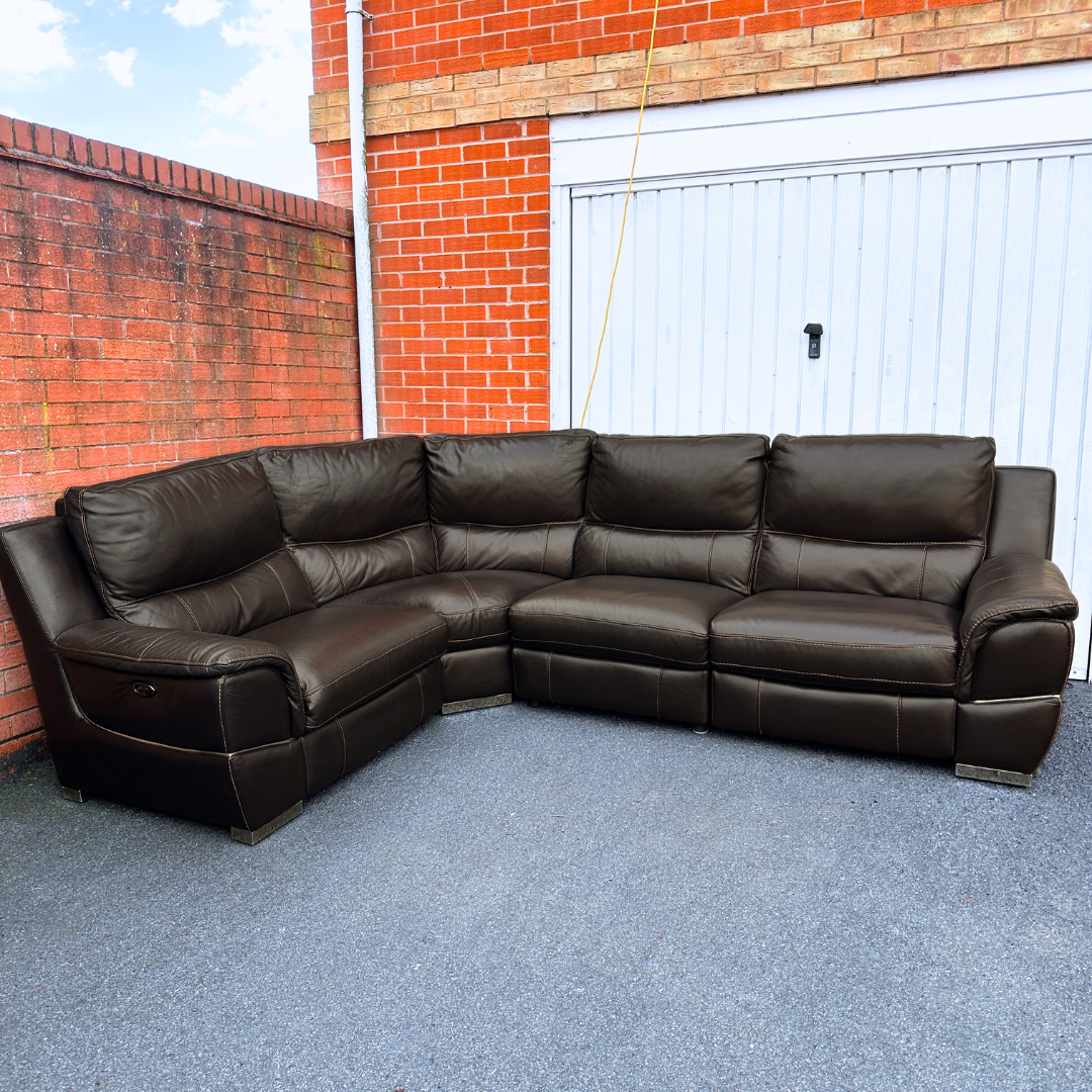 DFS Brown Leather 6/7 Seater Corner Sofa with Electric Recliner in Genuine Brown Leather