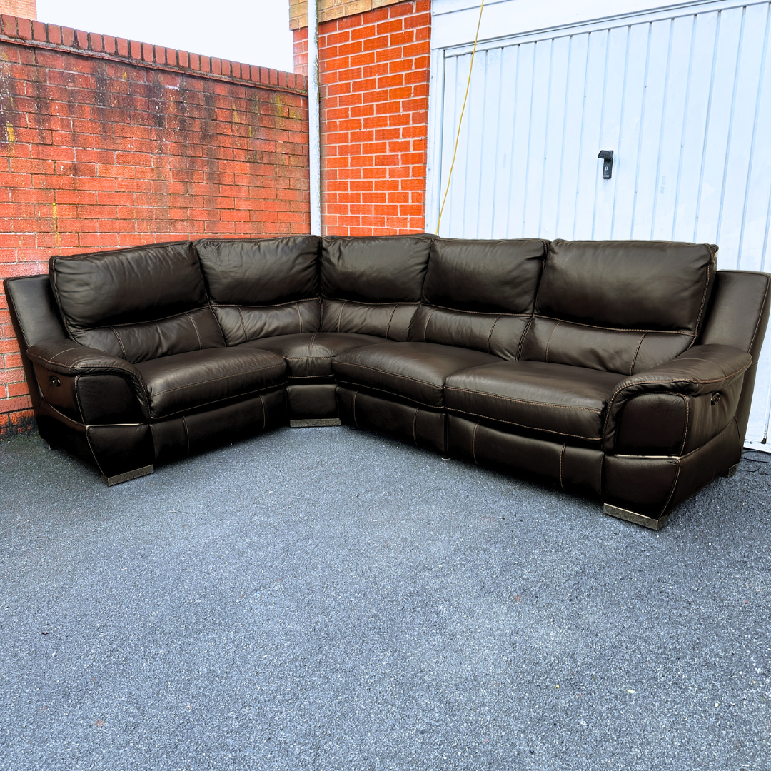 DFS Brown Leather 6/7 Seater Corner Sofa with Electric Recliner in Genuine Brown Leather