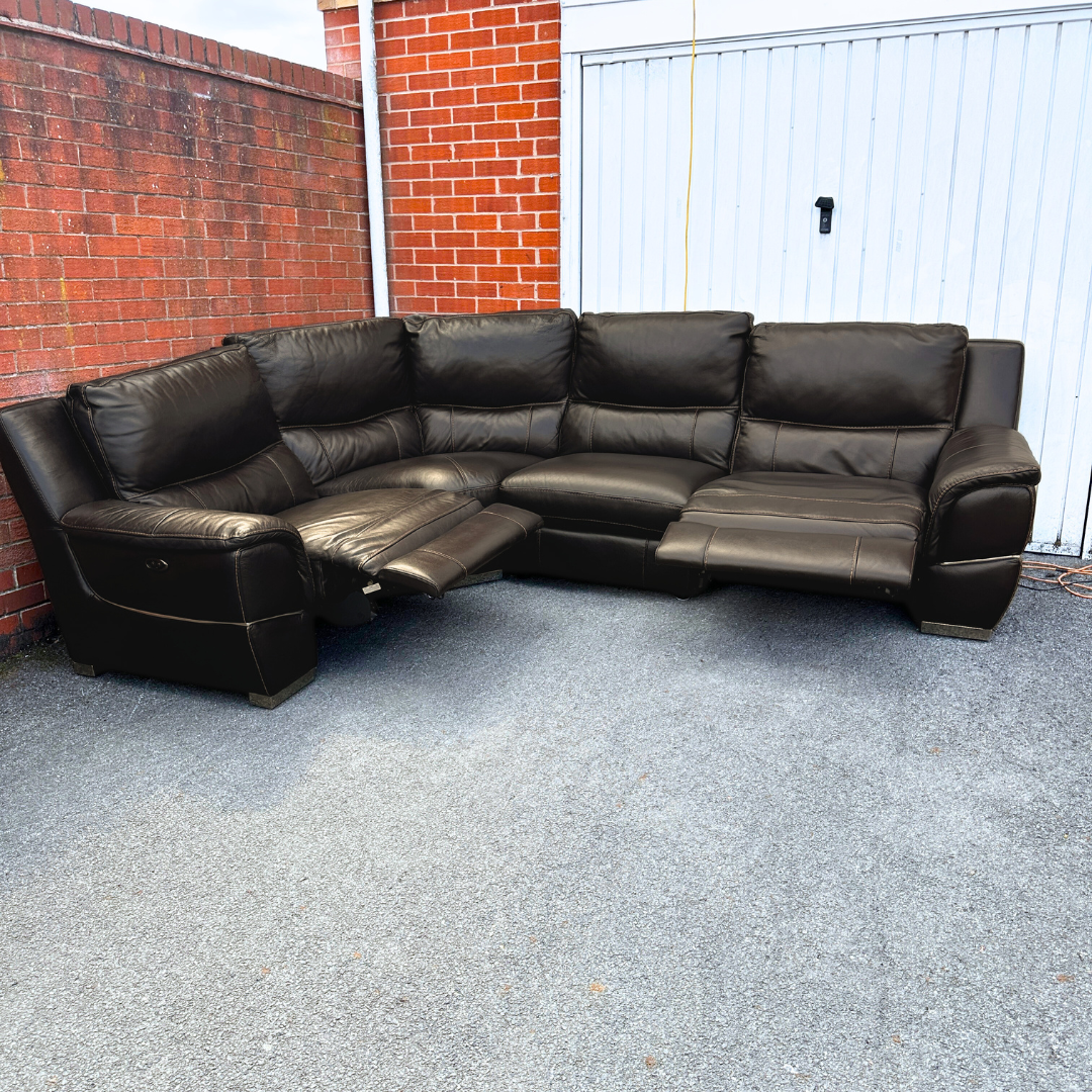 DFS Brown Leather 6/7 Seater Corner Sofa with Electric Recliner in Genuine Brown Leather
