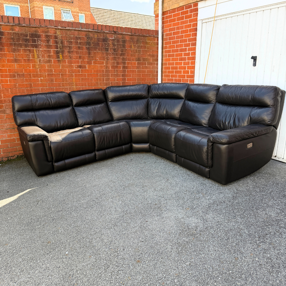 Dfs Electric Recliner & Headrests Corner Sofa - Genuine Dark Brown Leather