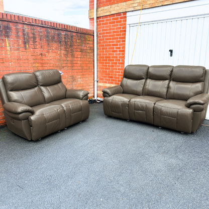 DFS Ex-Display Genuine Camel Brown Leather 3+2 Seater Sofa Suite with Electric Headrest & Recliners