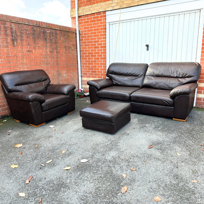 Brown Leather 3+1 Seater Sofa Set with Footrest