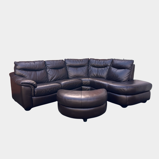 DFS Brown Leather 5/6 Seater Corner Sofa & Footstool - Excellent Condition