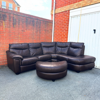 DFS Brown Leather 5/6 Seater Corner Sofa & Footstool - Excellent Condition