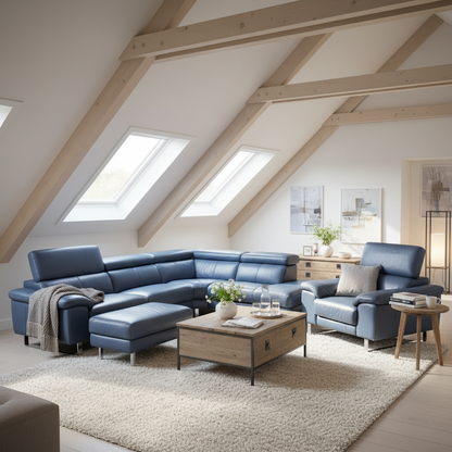 DFS Power Recliner Corner Sofa & Armchair Suite in Genuine Denim Blue Leather | RRP £4890