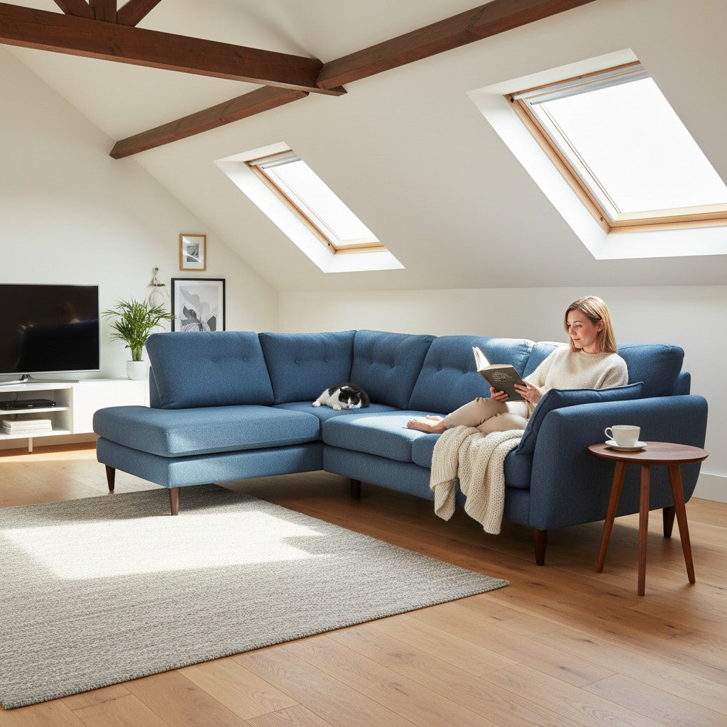 Excellent Condition DFS 5 Seater Corner Sofa-Sky Blue Fabric