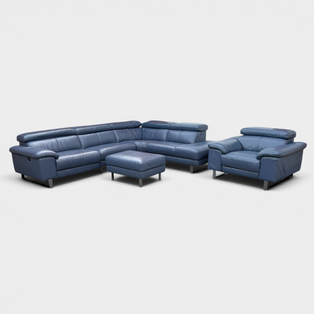 DFS Power Recliner Corner Sofa & Armchair Suite in Genuine Denim Blue Leather | RRP £4890