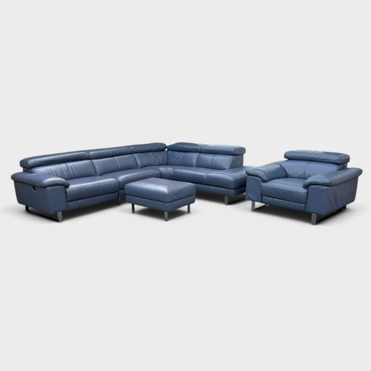 DFS Power Recliner Corner Sofa & Armchair Suite in Genuine Denim Blue Leather | RRP £4890