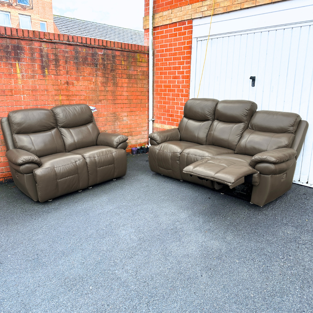 DFS Ex-Display Genuine Camel Brown Leather 3+2 Seater Sofa Suite with Electric Headrest & Recliners