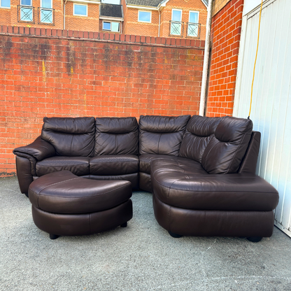 DFS Brown Leather 5/6 Seater Corner Sofa & Footstool - Excellent Condition