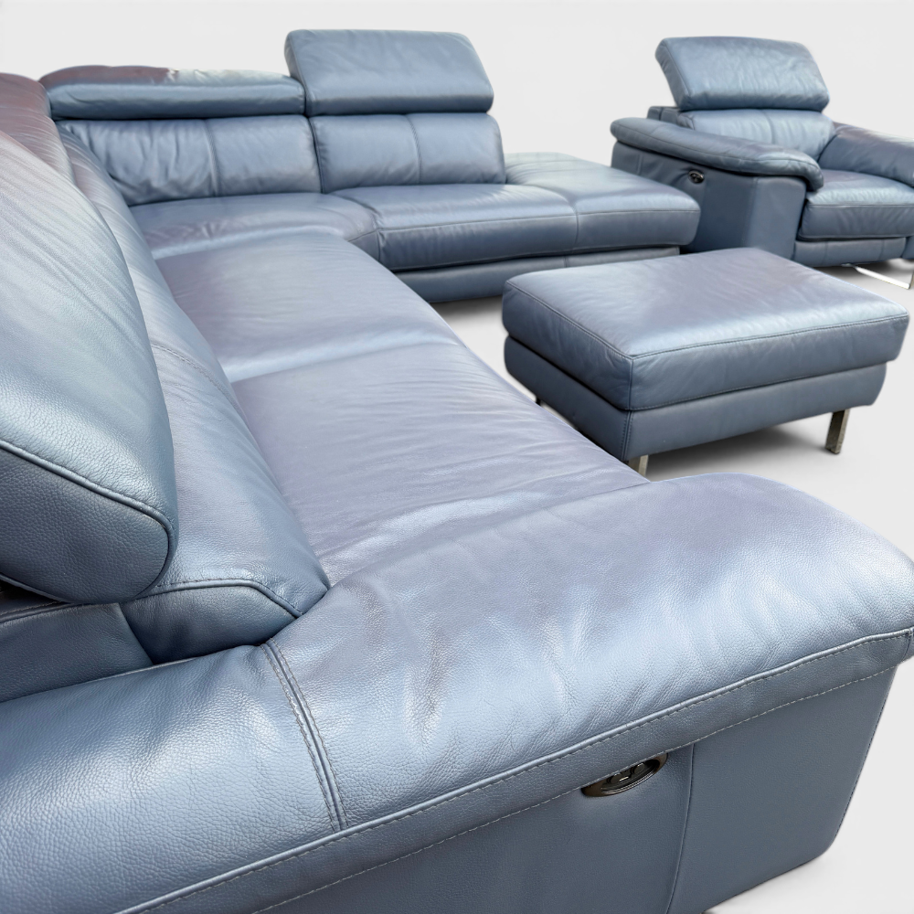 DFS Power Recliner Corner Sofa & Armchair Suite in Genuine Denim Blue Leather | RRP £4890