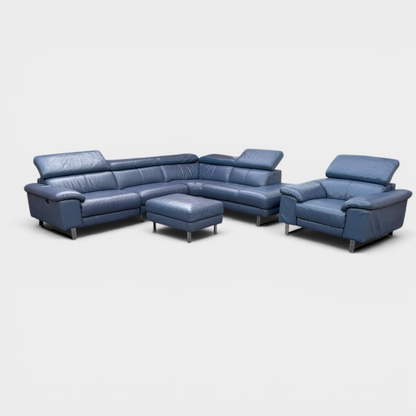 DFS Power Recliner Corner Sofa & Armchair Suite in Genuine Denim Blue Leather | RRP £4890