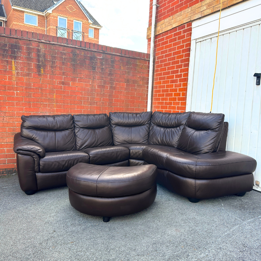 DFS Brown Leather 5/6 Seater Corner Sofa & Footstool - Excellent Condition