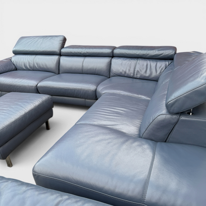 DFS Power Recliner Corner Sofa & Armchair Suite in Genuine Denim Blue Leather | RRP £4890