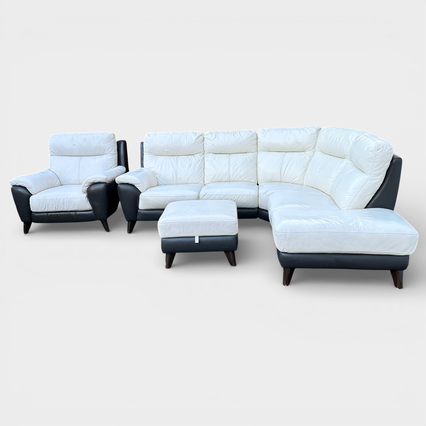 DFS Corner Sofa + Electric Recliner Armchair & Footstool - Genuine White Buttermilk/Brown Leather