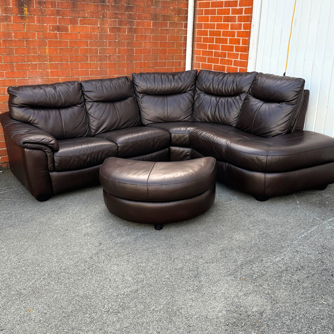 DFS Brown Leather 5/6 Seater Corner Sofa & Footstool - Excellent Condition