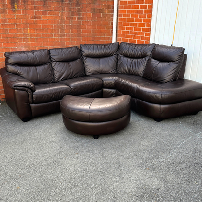 DFS Brown Leather 5/6 Seater Corner Sofa & Footstool - Excellent Condition