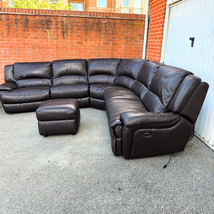 DFS Brown Leather 6/7 Seater Corner Sofa & Footstool - Electric Recliner
