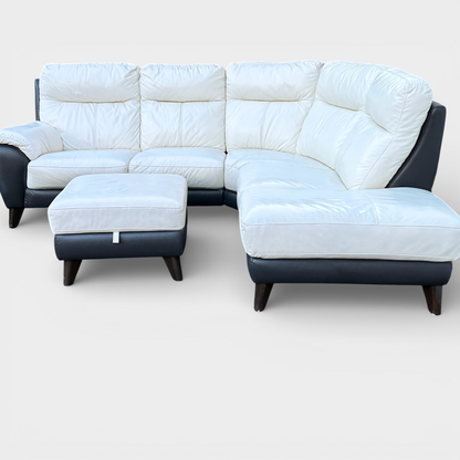 DFS Corner Sofa + Electric Recliner Armchair & Footstool - Genuine White Buttermilk/Brown Leather
