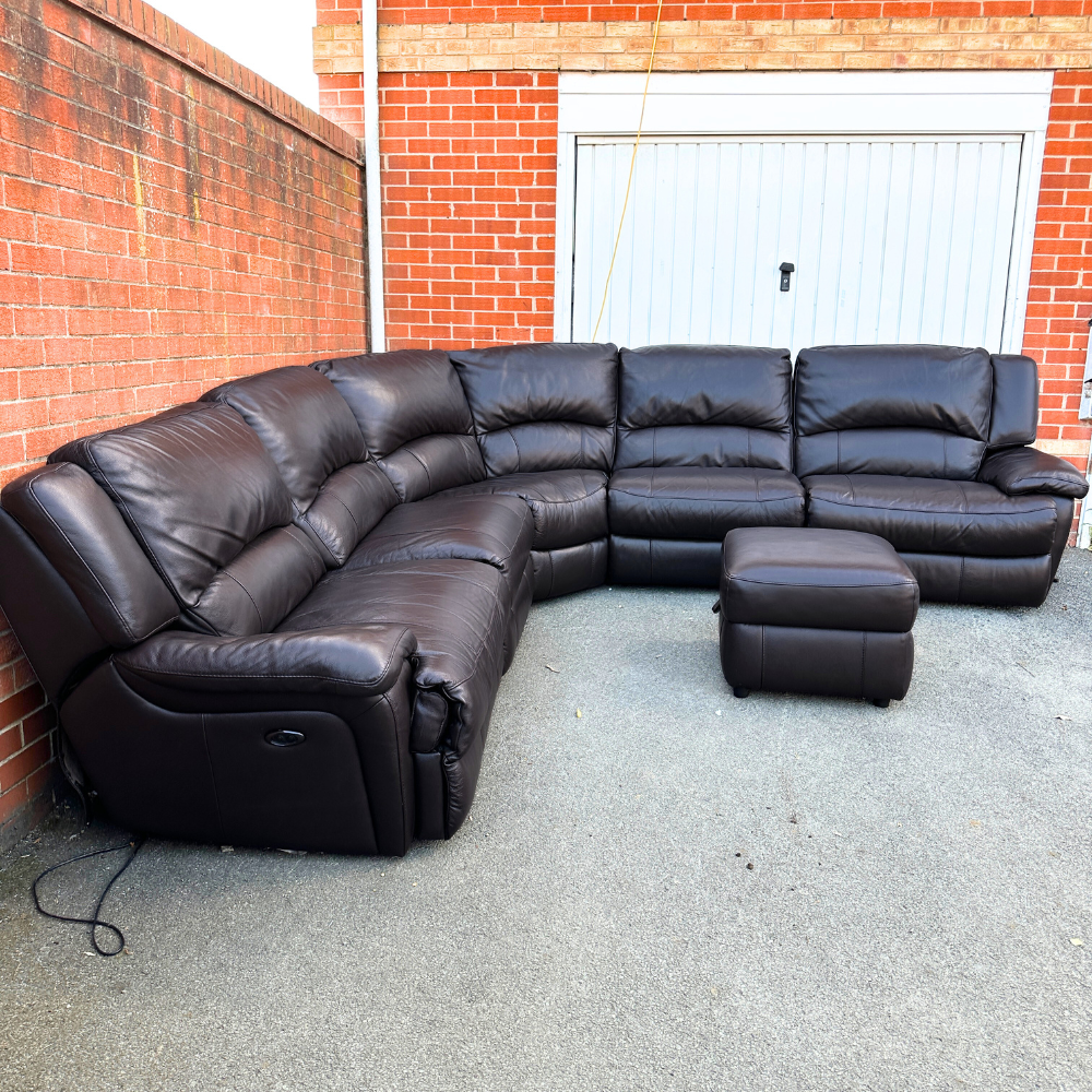DFS Brown Leather 6/7 Seater Corner Sofa & Footstool - Electric Recliner