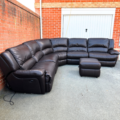 DFS Brown Leather 6/7 Seater Corner Sofa & Footstool - Electric Recliner
