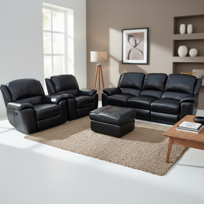 Sofology High Back 3+1+1 Seater Sofa Suite & Free Footstool | Genuine Black Leather