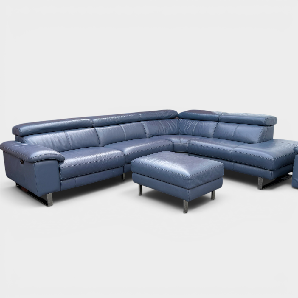 DFS Power Recliner Corner Sofa & Armchair Suite in Genuine Denim Blue Leather | RRP £4890