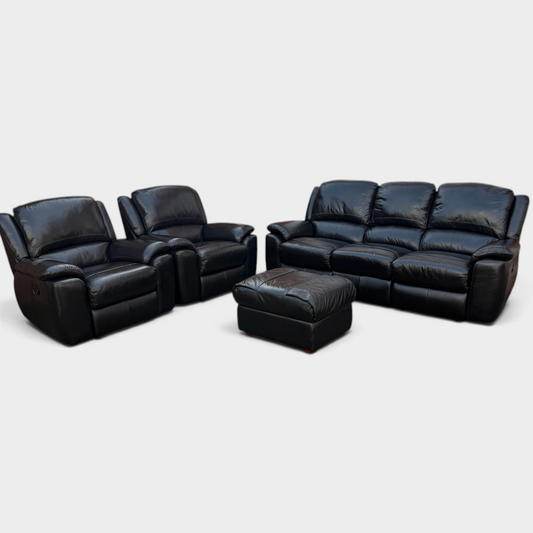 Sofology High Back 3+1+1 Seater Sofa Suite & Free Footstool | Genuine Black Leather