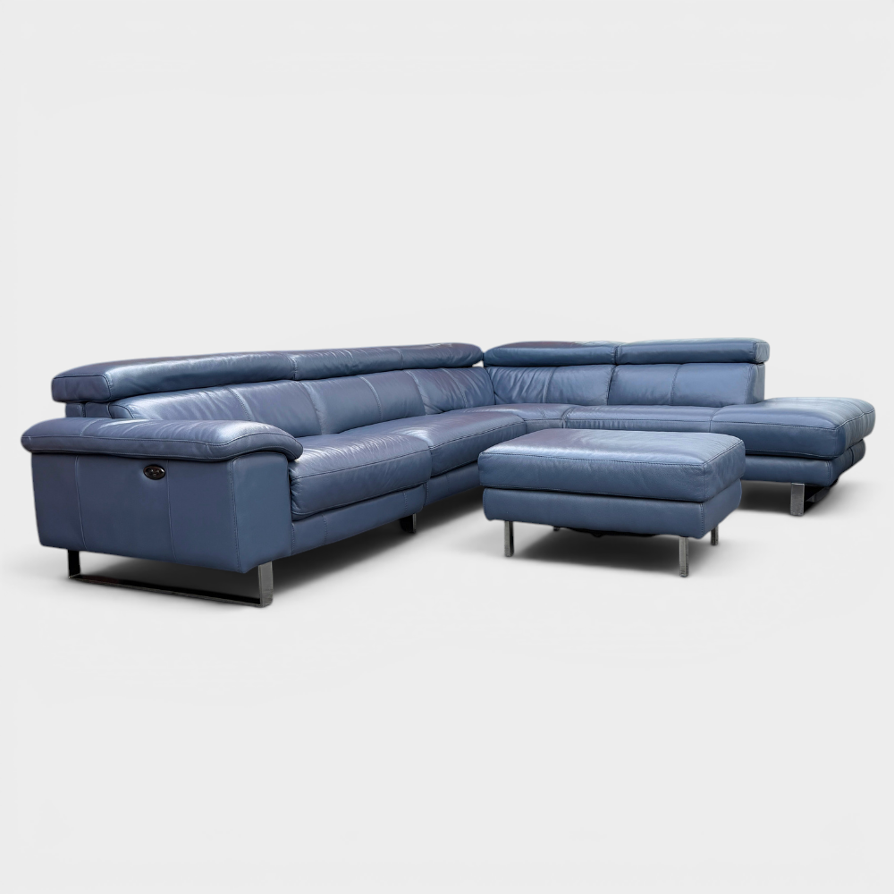 DFS Power Recliner Corner Sofa & Armchair Suite in Genuine Denim Blue Leather | RRP £4890