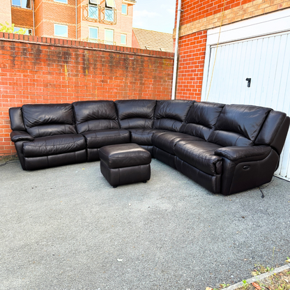 DFS Brown Leather 6/7 Seater Corner Sofa & Footstool - Electric Recliner