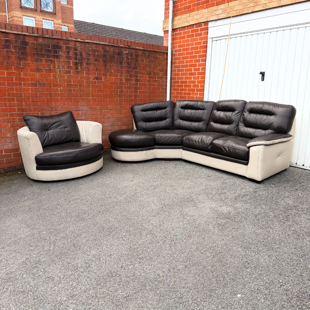 Dfs 5/6 Seater Corner Sofa & FREE Swivel Chair - Brown/Cream Leather