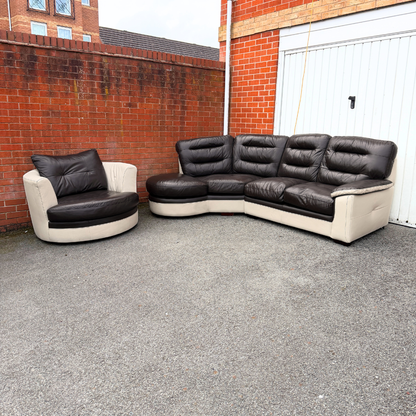Dfs 5/6 Seater Corner Sofa & FREE Swivel Chair - Brown/Cream Leather
