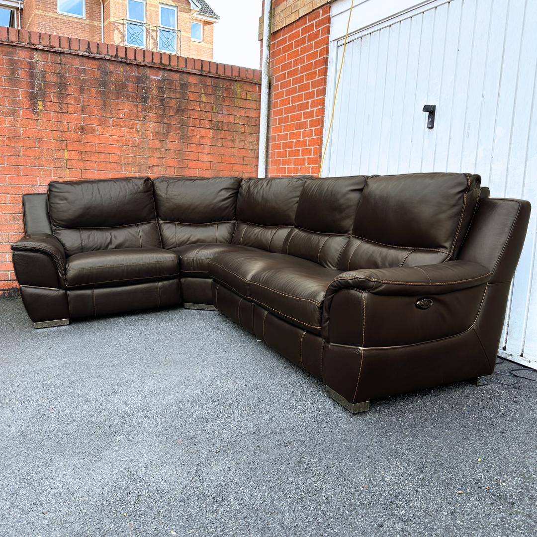 DFS Brown Leather 6/7 Seater Corner Sofa with Electric Recliner in Genuine Brown Leather