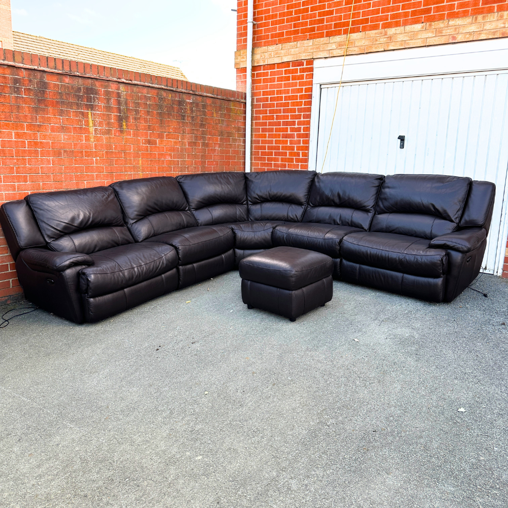 DFS Brown Leather 6/7 Seater Corner Sofa & Footstool - Electric Recliner