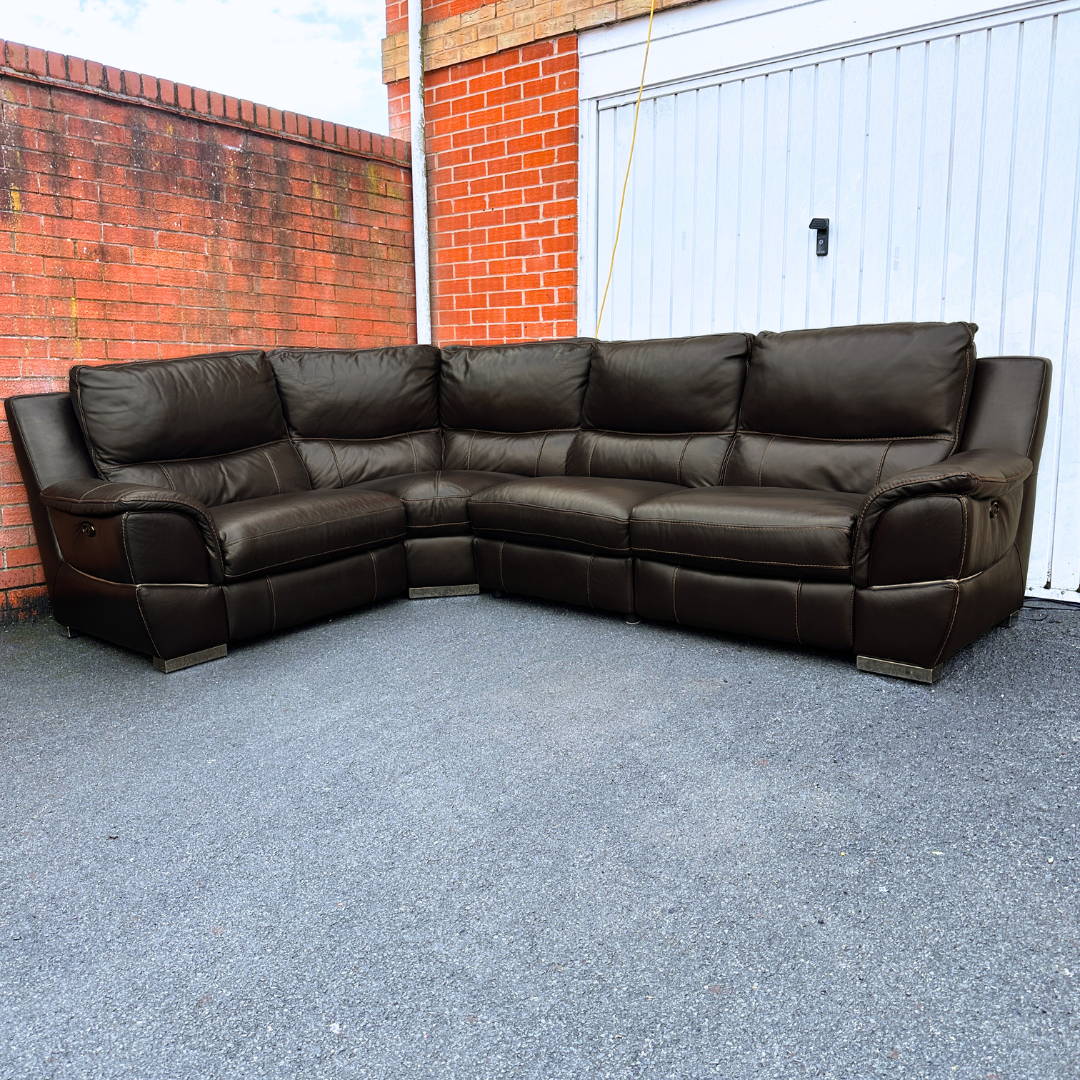 DFS Brown Leather 6/7 Seater Corner Sofa with Electric Recliner in Genuine Brown Leather