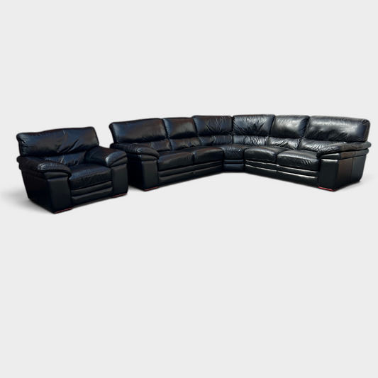 Black leather corner sofa set with matching armchair for sale in Nuneaton
