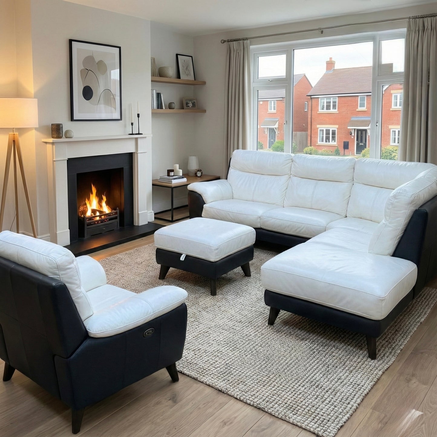 DFS Corner Sofa + Electric Recliner Armchair & Footstool - Genuine White Buttermilk/Brown Leather