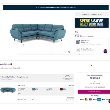 Excellent Condition DFS 5 Seater Corner Sofa-Sky Blue Fabric