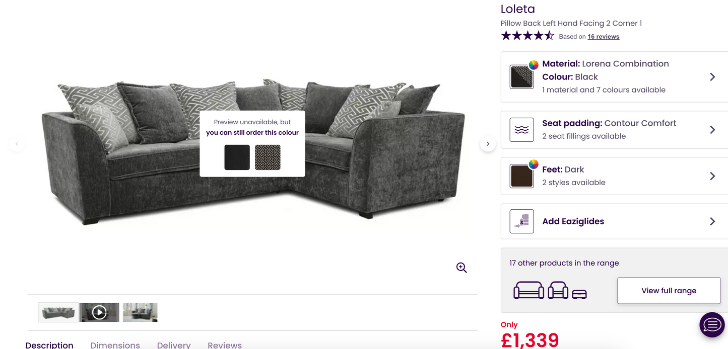 Ex-Display DFS "Loleta" Corner Sofa in Grey Crushed Velvet | RRP £1339