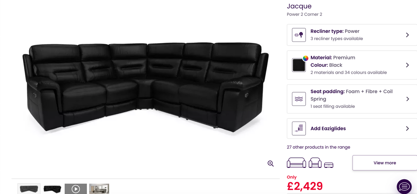 Jacque Dfs Full Leather Black Electric Recliner Corner Sofa & Swingle Chair RRP £3448