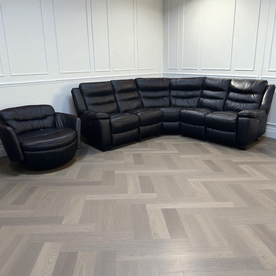 Jacque Dfs Full Leather Black Electric Recliner Corner Sofa & Swingle Chair RRP £3448
