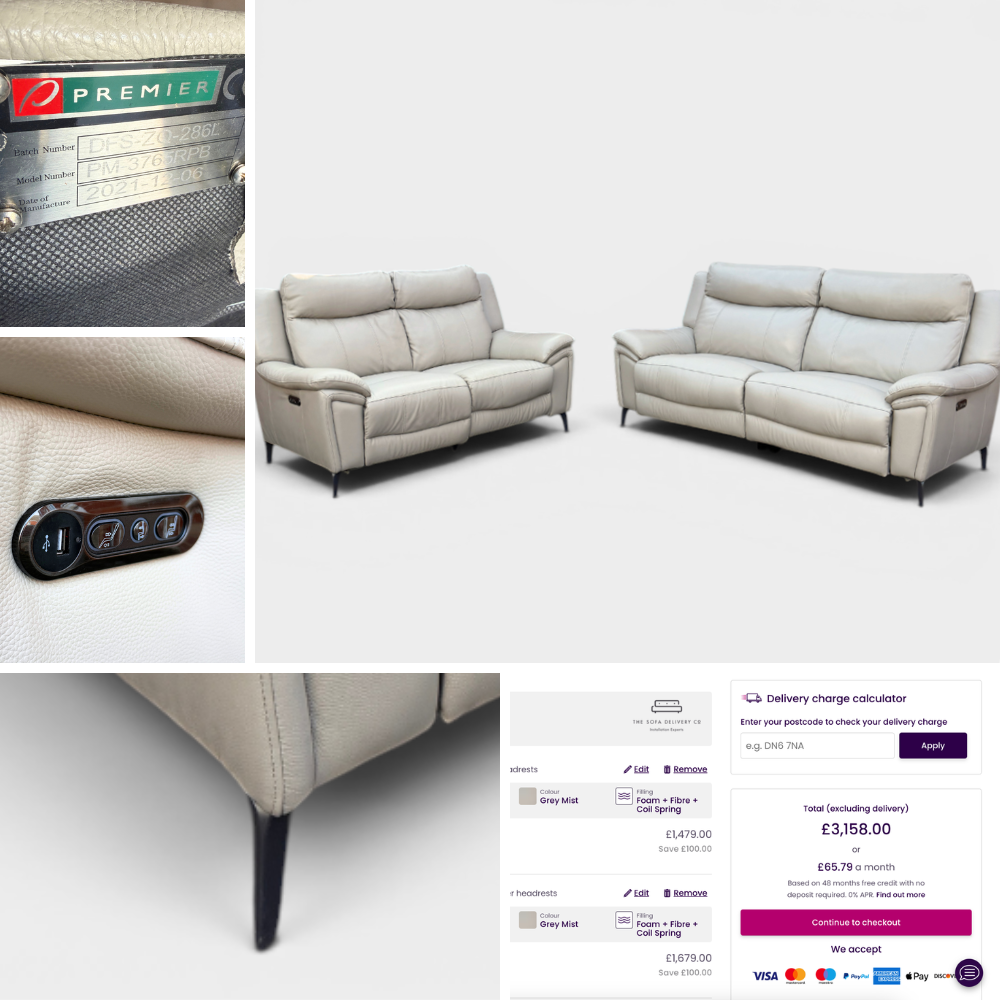 Ex-Display DFS 3+2 Seater Sofa Set - Electric Recliners - Genuine Grey Leather | RRP £3158