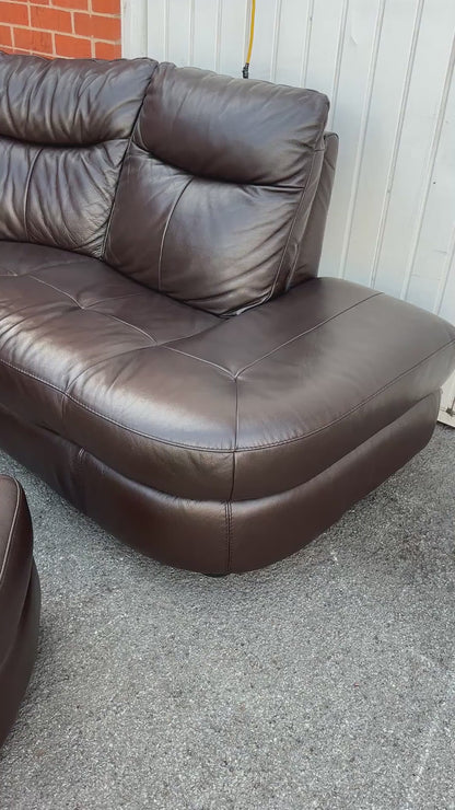 DFS Brown Leather 5/6 Seater Corner Sofa & Footstool - Excellent Condition