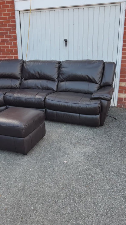 DFS Brown Leather 6/7 Seater Corner Sofa & Footstool - Electric Recliner