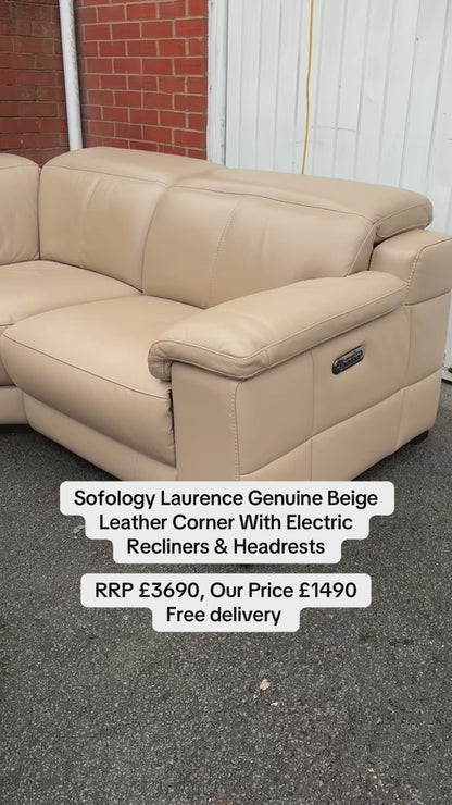 Sofology Laurence Corner Sofa-Electric Recliners & Headrests-Genuine Beige Leather | RRP £3699